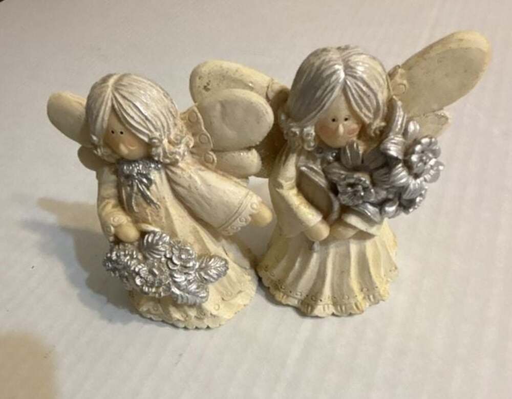 K's Collection Set of 2 Angel Figurines with Silver Flowers